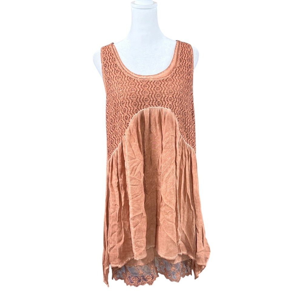 Artistic Works by Lu Tunic Dress Womens M Terracotta Crochet Lace Boho Lagenlook